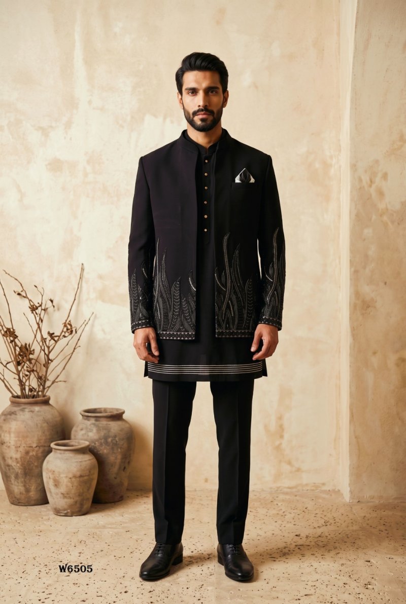 Black Outluk Wedding Vol 65 Lachaka Embroidery Mens Indo Western W6505